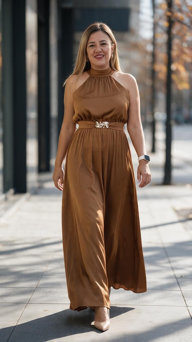Vestido Color Bronce de Cuello Halter con Cintillo con Hebilla